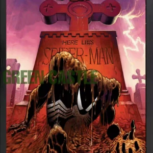 قاب پوستر با طرح جلد کمیک "The Amazing Spider-Man: Kraven's Last Hunt" که مرد عنکبوتی را در لباس سیاه، در حال بیرون آمدن از یک قبر خاکی نشان می‌دهد. در پس‌زمینه یک سنگ قبر بزرگ صلیب‌دار با کلمات "HERE LIES SPIDER-MAN" و آسمان طوفانی دیده می‌شود. لوگوی مارول و عنوان "The Amazing Spider-Man" در بالای تصویر و عنوان "Kraven's Last Hunt" و نام نویسندگان/طراحان (DeMatteis, Zeck) در پایین آن قرار دارد.