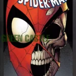 قاب پوستر با طرح کاور کمیک "The Amazing Spider-Man" که ماسک قرمز و آبی مرد عنکبوتی را نشان می‌دهد که از وسط شکسته و نیمه راست آن به شکل یک جمجمه با دندان‌های نمایان است. عنوان "8 Deaths of Spider-Man" در بالای تصویر قرار دارد.