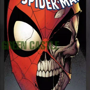 قاب پوستر با طرح کاور کمیک "The Amazing Spider-Man" که ماسک قرمز و آبی مرد عنکبوتی را نشان می‌دهد که از وسط شکسته و نیمه راست آن به شکل یک جمجمه با دندان‌های نمایان است. عنوان "8 Deaths of Spider-Man" در بالای تصویر قرار دارد.