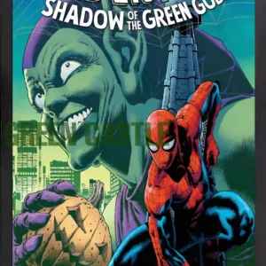 قاب پوستر با طرح کاور کمیک "Spider-Man: Shadow of the Green Goblin" که گرین گابلین سبز رنگ با لبخند شیطانی و کدو تنبل بمبی در دست در پس‌زمینه دیده می‌شود و مرد عنکبوتی در پیش‌زمینه در حال آماده شدن برای نبرد است. لوگوی مارول و نام نویسندگان/طراحان در پایین تصویر قرار دارد.