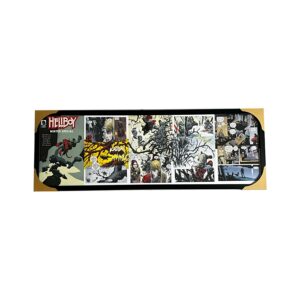 پوستر ۳۰×۹۰ سانتی‌متری با تصاویر صفحات کامیک‌بوک Hellboy Winter Special، شامل موجودات عجیب و طراحی‌های رنگارنگ، در قابی مشکی با لبه‌های طلایی.