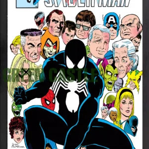 پوستر Web of Spider-Man با تصویر اسپایدرمن در لباس سیاه و شخصیت‌های کلاسیک دنیای مارول از جمله کپتن آمریکا، گرین گابلین و الکترو